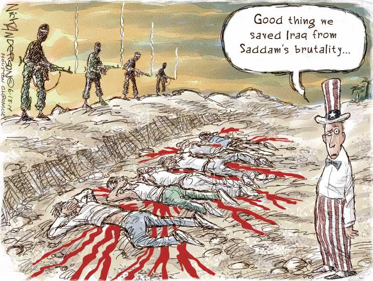 Political/Editorial Cartoon by Nick Anderson, Houston Chronicle on Rebels Advance in Iraq