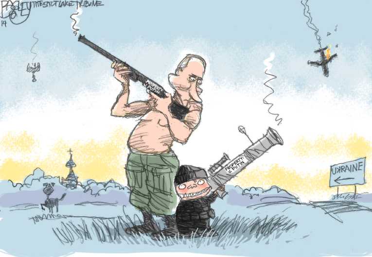 Political/Editorial Cartoon by Pat Bagley, Salt Lake Tribune on Malaysia Flight 17 Shot Down