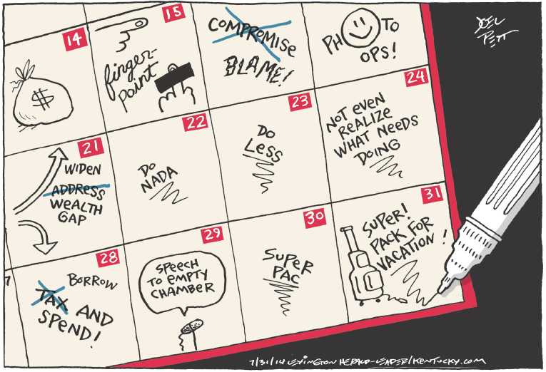 Political/Editorial Cartoon by Joel Pett, Lexington Herald-Leader, CWS/CartoonArts Intl. on Congress Recesses