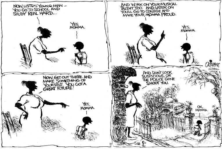Political/Editorial Cartoon by Pat Oliphant, Universal Press Syndicate on Racial Tensions Rise