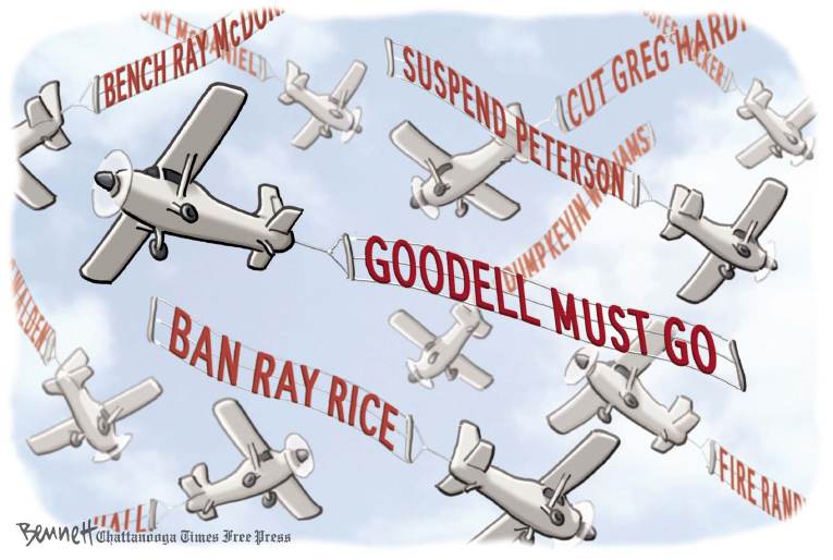 Political/Editorial Cartoon by Clay Bennett, Chattanooga Times Free Press on Violence Threatens NFL