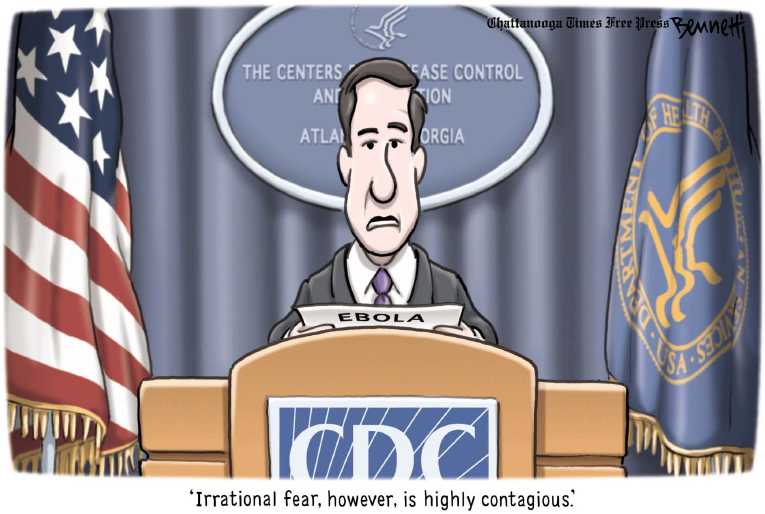 Political/Editorial Cartoon by Clay Bennett, Chattanooga Times Free Press on Ebola Strikes Three in Dallas