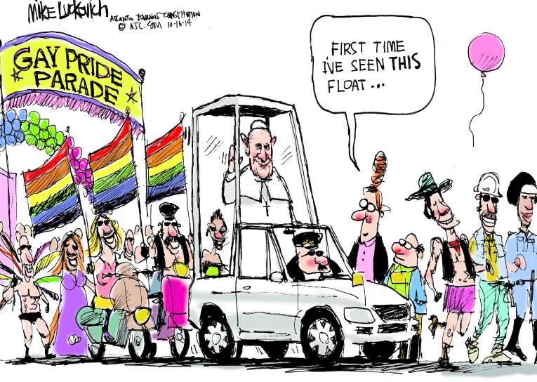 Political/Editorial Cartoon by Mike Luckovich, Atlanta Journal-Constitution on Pope Welcomes Gays