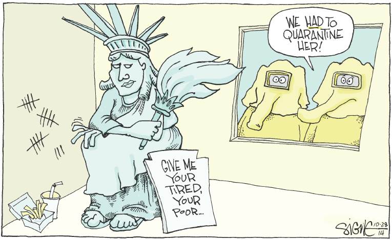 Political/Editorial Cartoon by Signe Wilkinson, Philadelphia Daily News on US Gets Tough on Ebola
