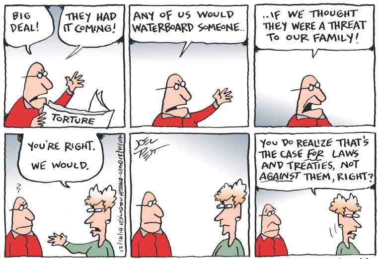 Political/Editorial Cartoon by Joel Pett, Lexington Herald-Leader, CWS/CartoonArts Intl. on Torture Report Shocks Nation, World