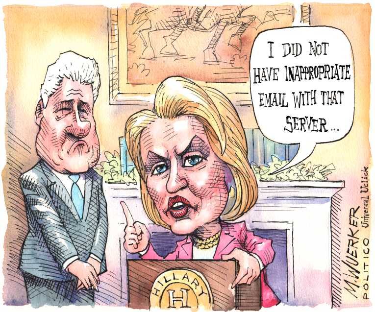 Political/Editorial Cartoon by Matt Wuerker, Politico on Hillary Denies Wrongdoing