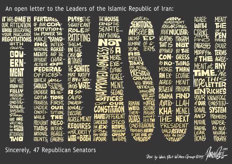 Political/Editorial Cartoon by Darrin Bell, Washington Post Writers Group on Senate Republicans Warn Iran
