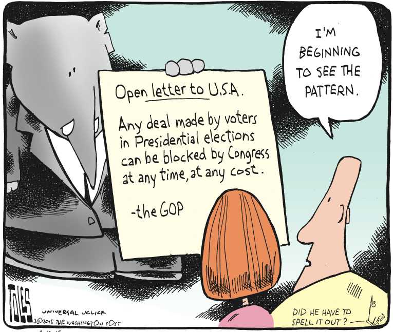 Political/Editorial Cartoon by Tom Toles, Washington Post on Senate Republicans Warn Iran