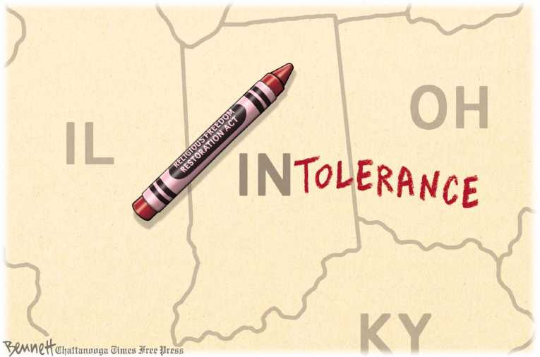 Political/Editorial Cartoon by Clay Bennett, Chattanooga Times Free Press on Indiana Legalizes Discrimination