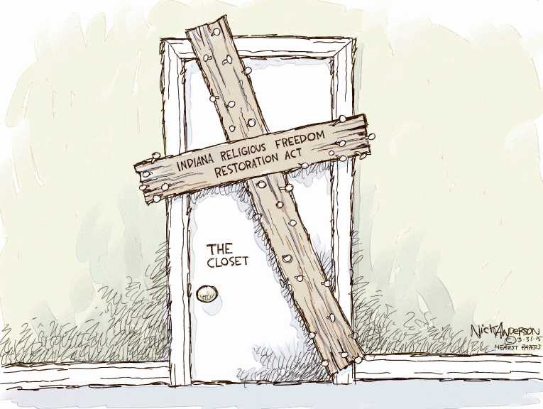 Political/Editorial Cartoon by Nick Anderson, Houston Chronicle on Indiana Legalizes Discrimination