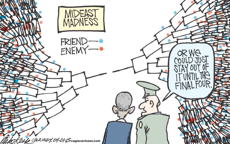 Political/Editorial Cartoon by Mike Keefe, Denver Post on Saudi Arabia Bombing Yemen