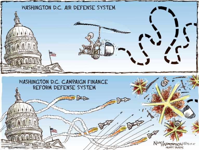 Political/Editorial Cartoon by Nick Anderson, Houston Chronicle on Man Protests Money in Politics