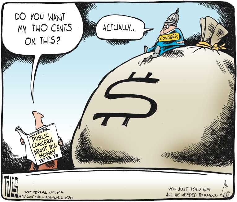 Political/Editorial Cartoon by Tom Toles, Washington Post on Money to Play Key Role in 2016