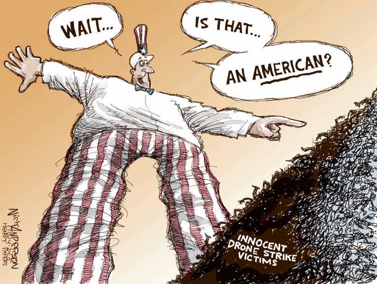 Political/Editorial Cartoon by Nick Anderson, Houston Chronicle on Drone Attack Kills Americans
