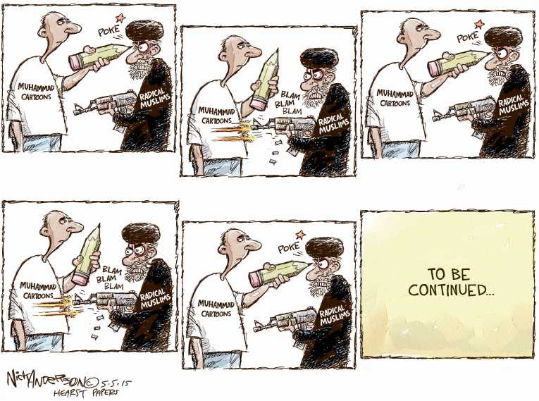 Political/Editorial Cartoon by Nick Anderson, Houston Chronicle on Two Terrorists Killed