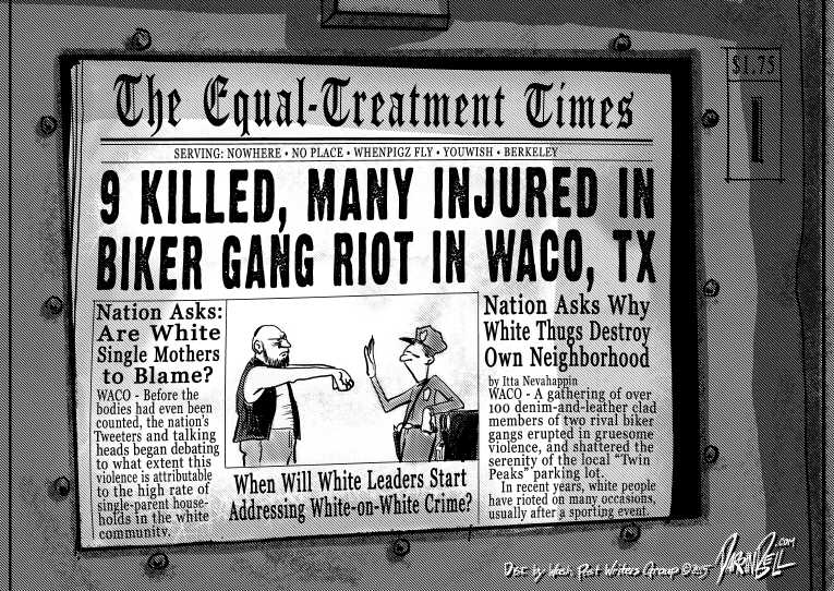 Political/Editorial Cartoon by Darrin Bell, Washington Post Writers Group on 9 Killed in Biker Shootout