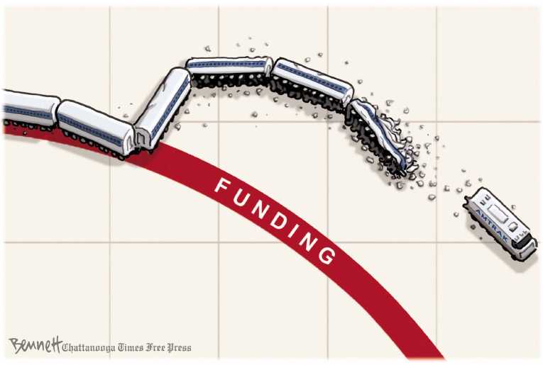 Political/Editorial Cartoon by Clay Bennett, Chattanooga Times Free Press on Train Derailment Kills 8