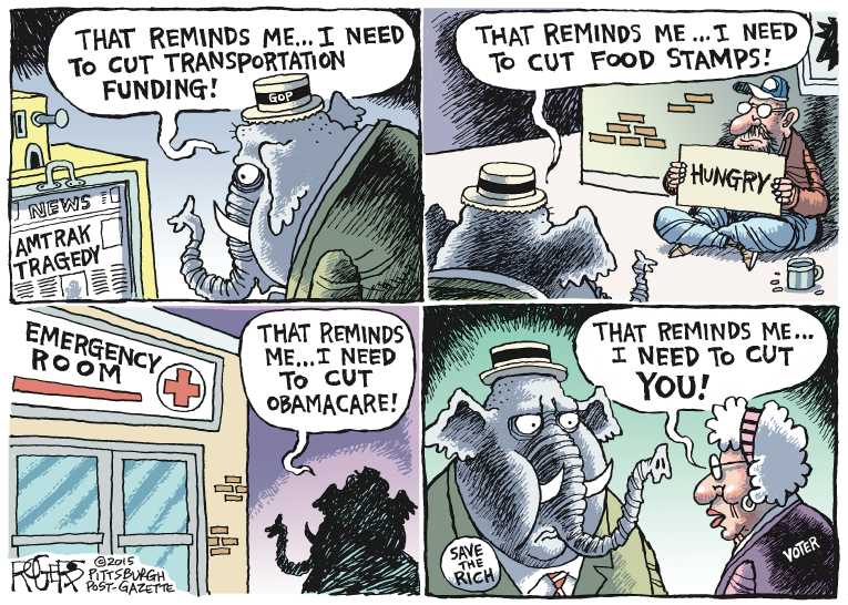 Political/Editorial Cartoon by Rob Rogers, The Pittsburgh Post-Gazette on Train Derailment Kills 8