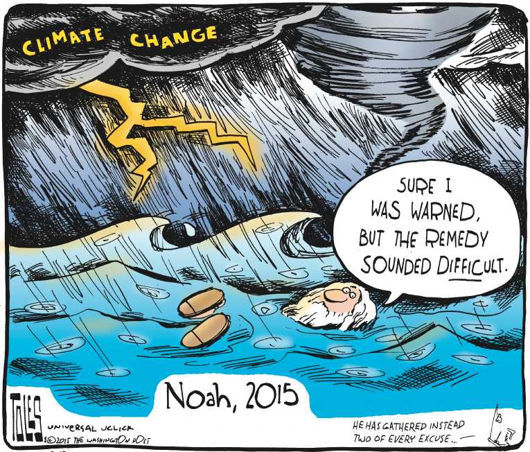 Political/Editorial Cartoon by Tom Toles, Washington Post on Climate Debate Continues