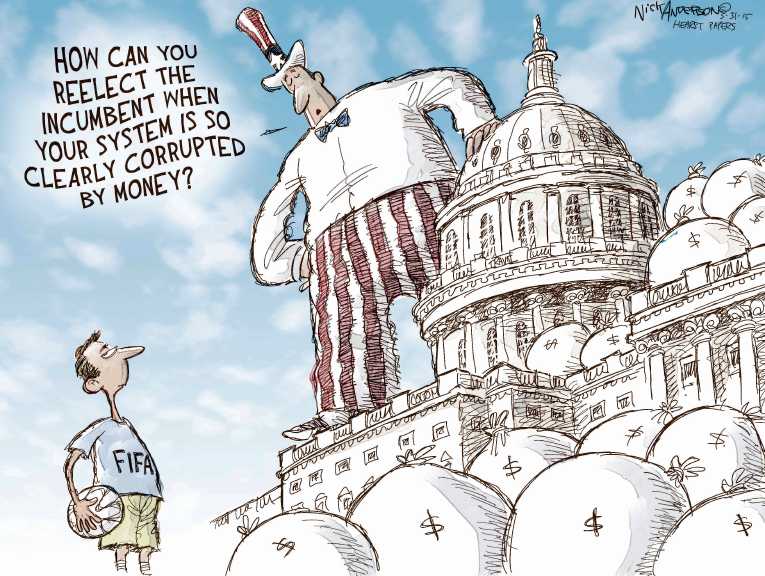 Political/Editorial Cartoon by Nick Anderson, Houston Chronicle on US Indicts Soccer Officials