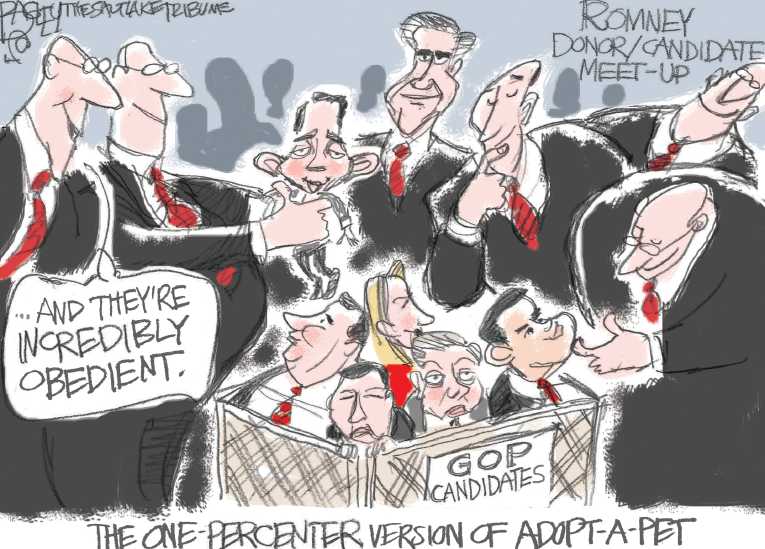 Political/Editorial Cartoon by Pat Bagley, Salt Lake Tribune on Jeb & Trump Declare