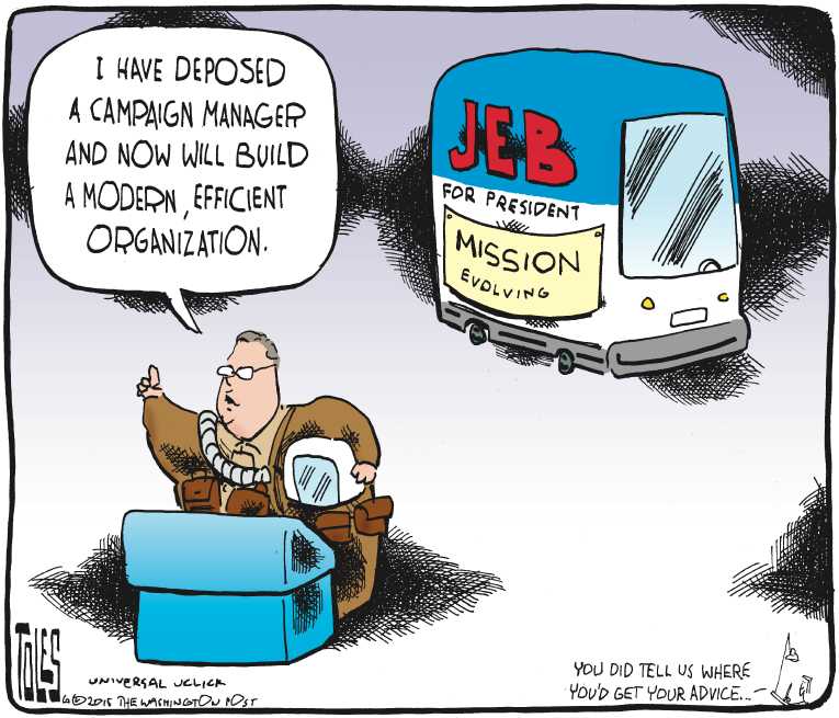 Political/Editorial Cartoon by Tom Toles, Washington Post on Jeb & Trump Declare