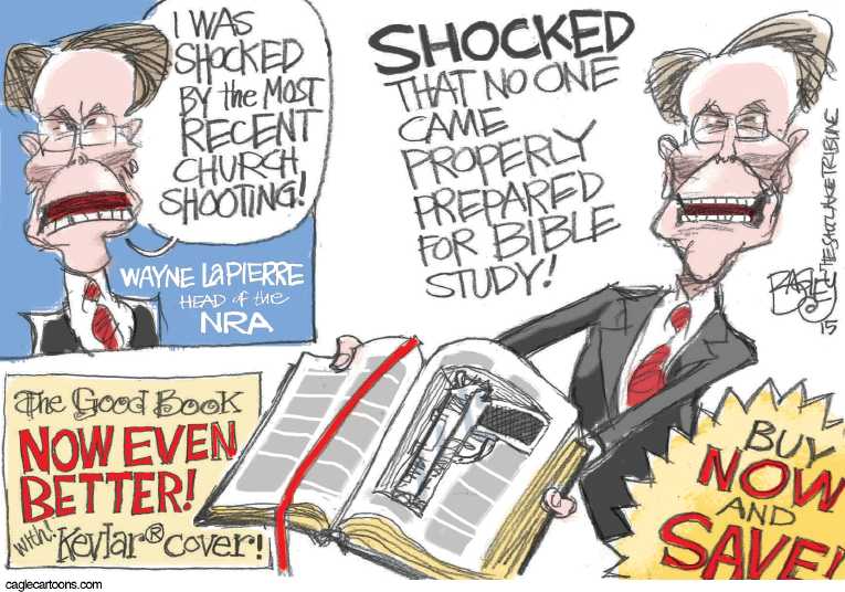 Political/Editorial Cartoon by Pat Bagley, Salt Lake Tribune on 9 Shot Dead in Charleston Church
