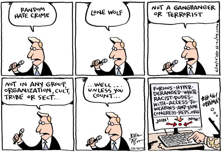 Political/Editorial Cartoon by Joel Pett, Lexington Herald-Leader, CWS/CartoonArts Intl. on 9 Shot Dead in Charleston Church
