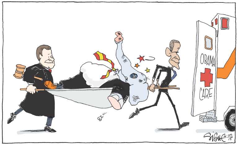 Political/Editorial Cartoon by Signe Wilkinson, Philadelphia Daily News on Supreme Court Upholds ObamaCare