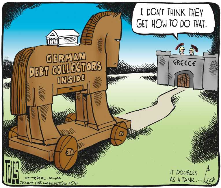 Political/Editorial Cartoon by Tom Toles, Washington Post on Greece Defaults