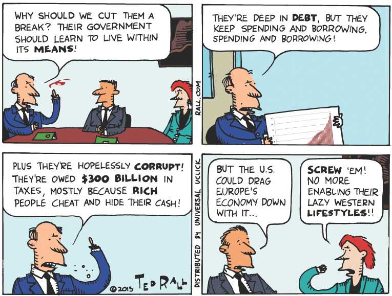 Political/Editorial Cartoon by Ted Rall on Greece Defaults