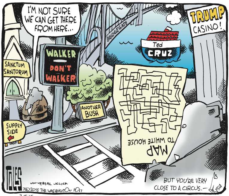 Political/Editorial Cartoon by Tom Toles, Washington Post on Walker Declares, Trump Rages