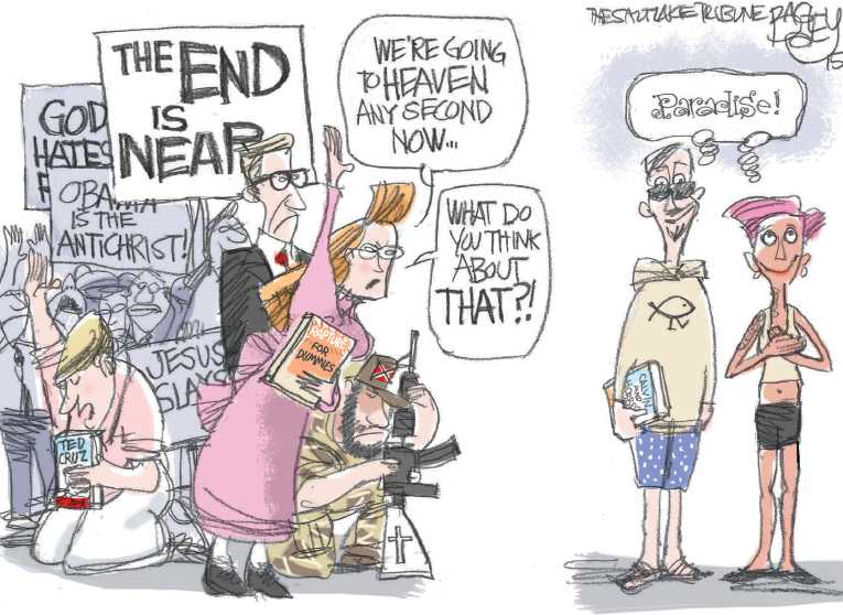 Political/Editorial Cartoon by Pat Bagley, Salt Lake Tribune on Kentucky Clerk Returns to Job