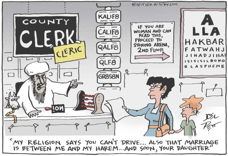 Political/Editorial Cartoon by Joel Pett, Lexington Herald-Leader, CWS/CartoonArts Intl. on Kentucky Clerk Returns to Job