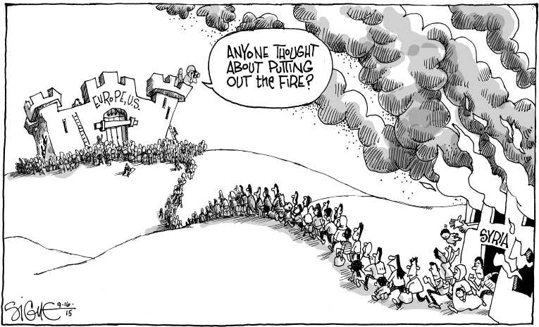 Political/Editorial Cartoon by Signe Wilkinson, Philadelphia Daily News on Refugee Crisis Spreads