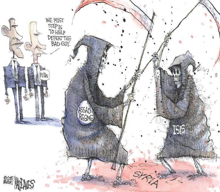 Political/Editorial Cartoon by Matt Davies, Journal News on Russia Bombs Syria