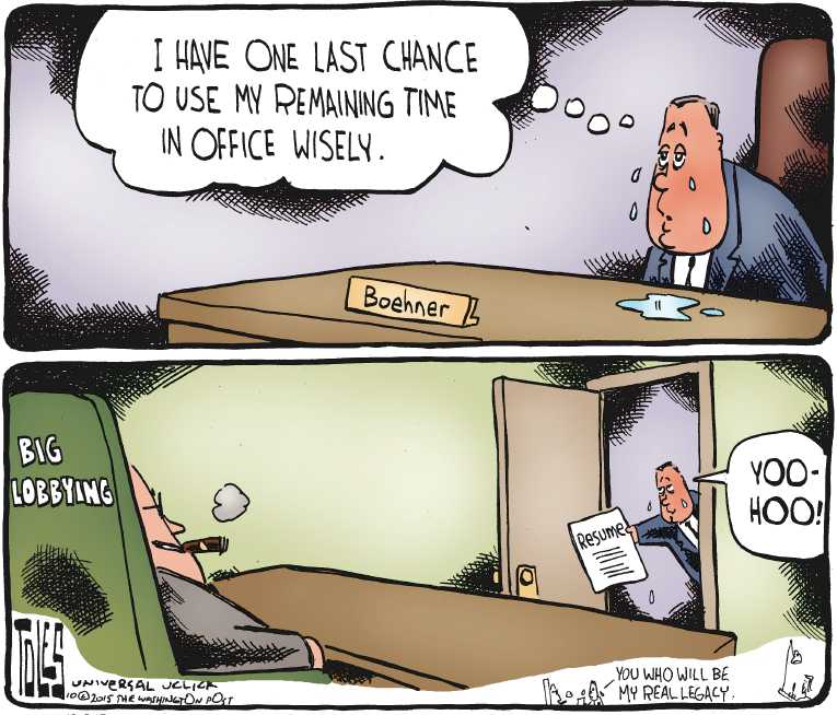 Political/Editorial Cartoon by Tom Toles, Washington Post on Boehner Prepares for Exit