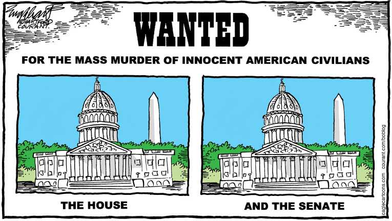 Political/Editorial Cartoon by Bob Englehart, Hartford Courant on Gunman Kills 13