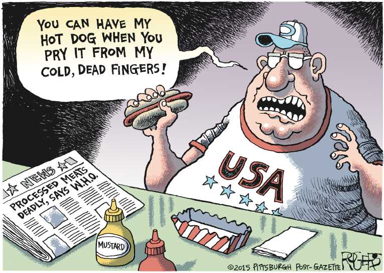 Political/Editorial Cartoon by Rob Rogers, The Pittsburgh Post-Gazette on Meats Declared Carcinogenic