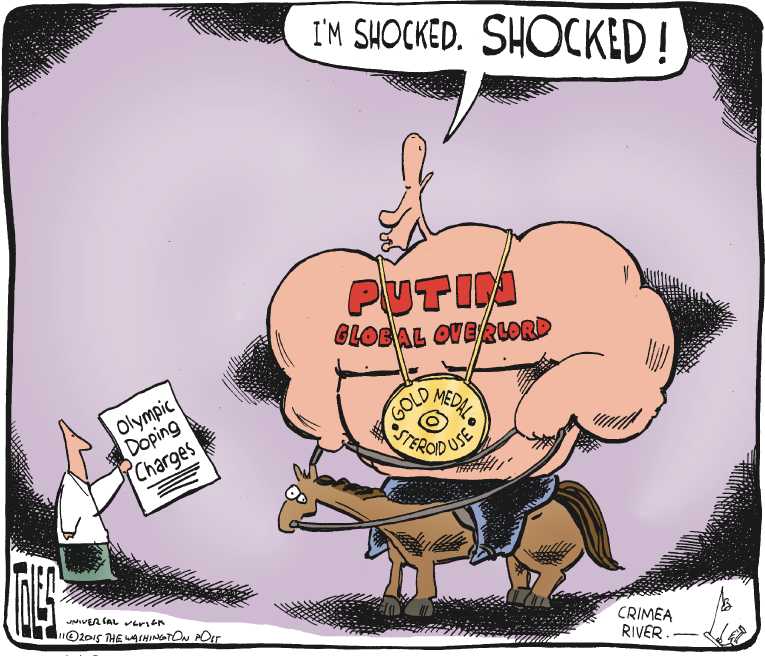 Political/Editorial Cartoon by Tom Toles, Washington Post on Russia Admits to Doping
