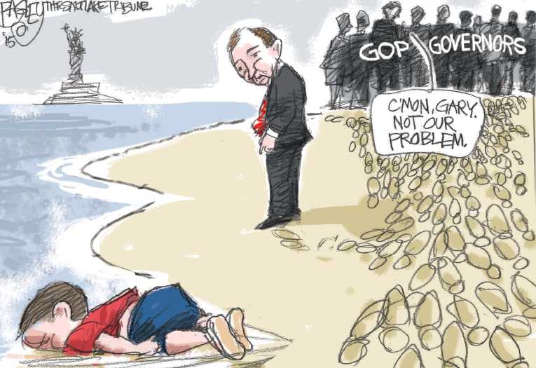 Political/Editorial Cartoon by Pat Bagley, Salt Lake Tribune on Refugee Crisis Worsens