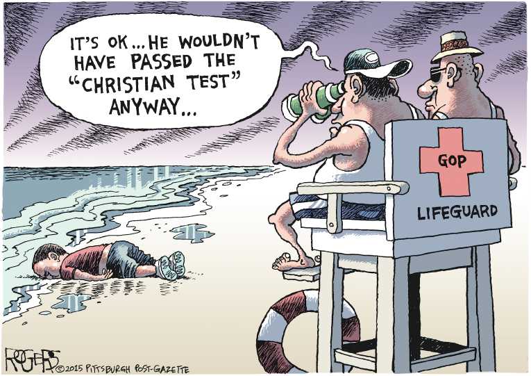 Political/Editorial Cartoon by Rob Rogers, The Pittsburgh Post-Gazette on Refugee Crisis Worsens