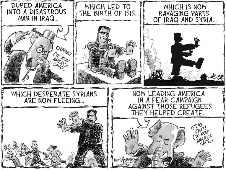 Political/Editorial Cartoon by Nick Anderson, Houston Chronicle on Refugee Crisis Worsens