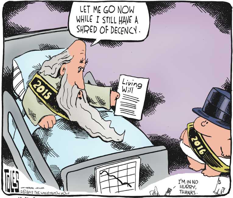Political/Editorial Cartoon by Tom Toles, Washington Post on 2016 Begins With Hopes Tempered