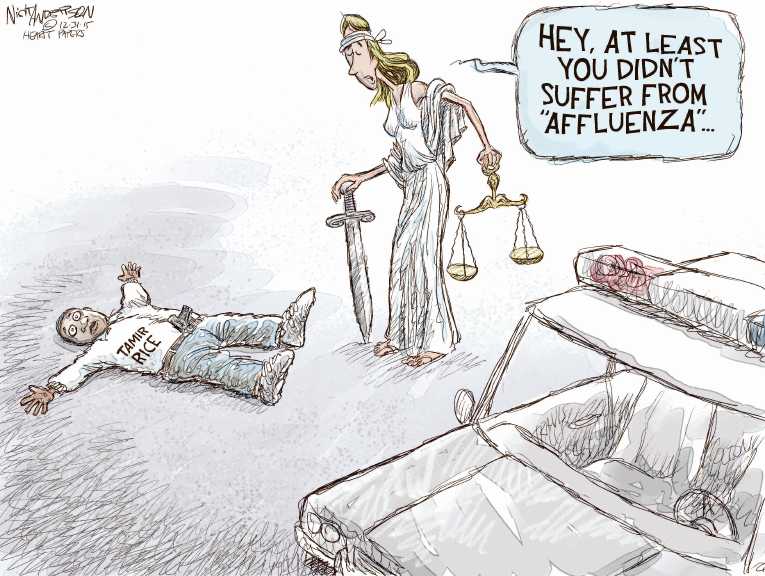 Political/Editorial Cartoon by Nick Anderson, Houston Chronicle on No Indictments in Rice Killing