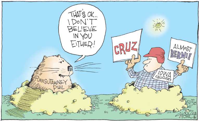 Political/Editorial Cartoon by Signe Wilkinson, Philadelphia Daily News on Early Spring Predicted