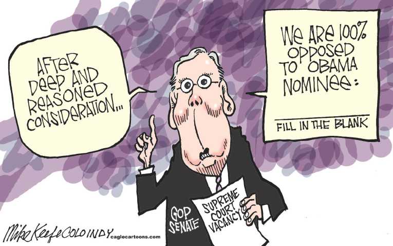 Political/Editorial Cartoon by Mike Keefe, Denver Post on Scalia Dead