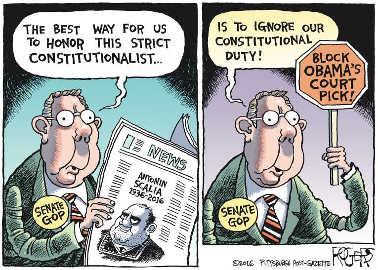 Political/Editorial Cartoon by Rob Rogers, The Pittsburgh Post-Gazette on Republicans Obstruct Supreme Court