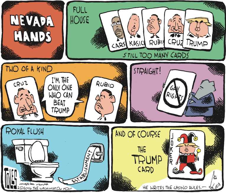 Political/Editorial Cartoon by Tom Toles, Washington Post on Trump Takes S.C. and Nevada