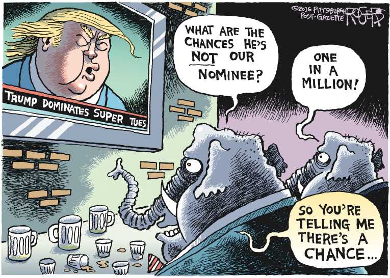 Political/Editorial Cartoon by Rob Rogers, The Pittsburgh Post-Gazette on Trump Wins Super Tuesday